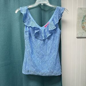 Lilly Pulitzer Alessa Ruffle Collar Woven Blue Tank Top Lined Size Small